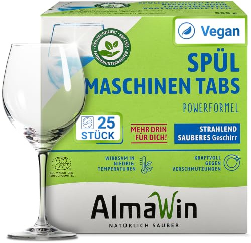AlmaWin® Spülmaschinentabs [25 Stück] mit Powerformel für strahlend sauberes Geschirr - Öko Spülmaschinentabs für leichte Dosierung - Kraftvolle Geschirrspültabs - Ohne Phosphat, Bio & VEGAN