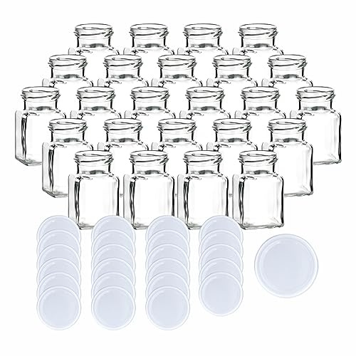 gouveo 48er Set Einmachgläser 150 ml eckig mit Schraub-Deckel Weiss - Kleine Vorratsgläser mit Schraubverschluss - Leere Marmeladengläser, Einkochgläser, Aufbewahrungsgläser (EGE150W)