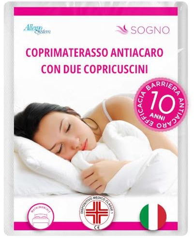 Allergosystem Set Coprimaterasso Antiacaro Matrimoniale con Cerniera 170x200cm e 2 Federe Cuscino Letto 50x80cm - Dispositivo Medico Antiacaro e Anallergico MADE IN ITALY - Linea Sogno | 2 Federe Cuscino 50x80cm, Dispositivo Medico, Anallergico, Made in Italy, Copri Materasso con Cerniera