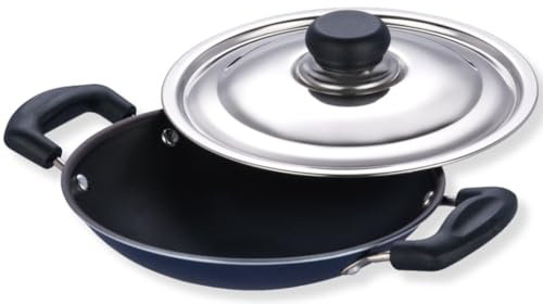Vinod Zest Non Stick Appachetty with Lid - 20 cm|Appam Skillet | Indian Pancake Pan | 3 mm Extra Thick | 3 Layer Coating | Metal Spoon Friendly | Bakelite Handle | Gas Base | 1 Year Warranty - Blue