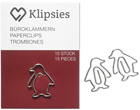 KLIPSIES Pinguin (Design wählbar) 15 Deko Büroklammern Motiv Heftklammern 1x15 Stück Silber