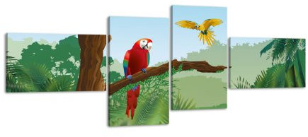 Leinwandbild Regenwald LW137 Wandbild, Bild auf Leinwand, 4 Teile, 100x45cm, Kunstdruck Canvas, XXL Bilder, Keilrahmenbild, fertig aufgespannt, Bild, Holzrahmen, Landschaft, Dschungel, Papagei,