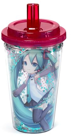 Puckator Shatterproof Hatsune Miku Double Walled Cup & Straw - Insulated Tumbler - Cups with Lids and Straws for Adults Children - Travel Thermal Cup with Straw - Water Bottles with Staw
