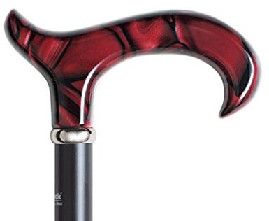 Gehstock Faltstock Perlmutt/Rubin, eleganter Derbygriff aus Acryl mit schönem Perlmutt/Rubin-Muster, aufgesetzt auf einen Stock aus stabilem Leichtmetall matt schwarz, höhenverstellbar, faltbar, inklusiv Etui in burgund und Schlankpuffer