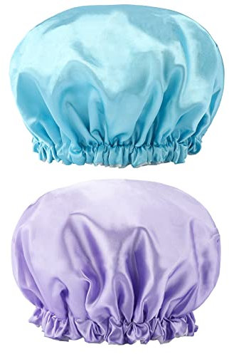 G2PLUS 32CM Large Shower Caps, 2PCS Reusable Bath Caps for Women, Elastic Shower Hats for Long Hair, Double Layers Bath Hats for Adults Long Hair