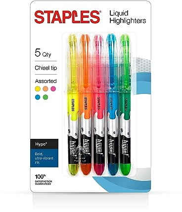 Staples Hype! Liquid Highlighters, Assorted, 5/Pack