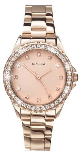 Sekonda Elizabeth Rose Gold Bracelet Pink Dial Women's Quartz Watch 33mm with Stone Set Case, Analogue Display and Stainless Steel Bracelet