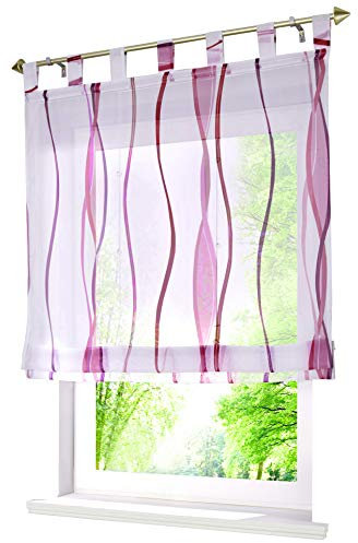 Voile Raffrollo mit Wellen Druck Design Rollos Schlaufen Transparent Vorhang (BxH 140x140cm, violett)