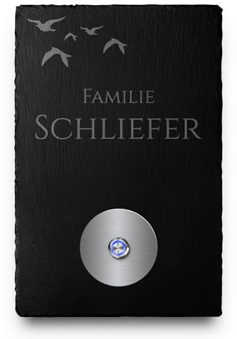 Schiefer Türklingel mit Gravur und LED-Klingelknopf und über 100 Motive | Modell: Schliefer | 20x30 cm Klingel-Taster Klingelschild Klingelplatte Namensschild beschriftet