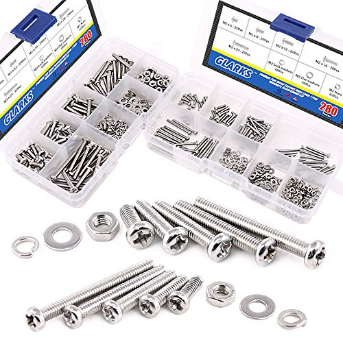 Glarks 560Pcs M2 M3 Phillips Pan Head Stainless Steel Screws Bolts Nuts Lock and Flat Washers Assortment Kit