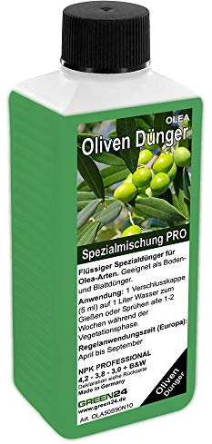 GREEN24 Olivendünger Profi - Spezialdünger für Olivenbäume, Olea Europaea, Mediterrane Pflanzen, Kübelpflanzen im Wintergarten, Beet, auf Terrasse & Balkon NPK Flüssigdünger 250ml Konzentrat