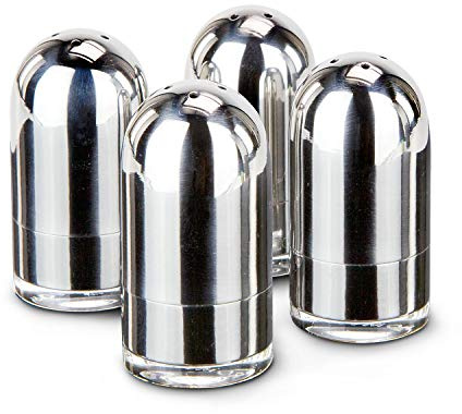 ROMINOX Geschenkartikel 4er Set Minisalzstreuer // Ovo – 8-teilig, 4 Salzstreuer mit glänzender Edelstahl-Oberfläche, transparenter Boden für einfache Füllstandprüfung; ideal für Frühstückseier