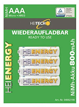 HEITECH vorgeladener 4er Pack NIMH-Akku Micro/AAA / HR03 800 mAh 1,2V - Wiederaufladbare Batterien mit geringer Selbstentladung - Akkus für Geräte mit hohem Stromverbrauch