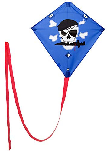 Wolkenstürmer® Racer Lenkdrachen (blau) Pirat, flugfertiger Flugdrachen mit 2x25m Polyesterleinen & 12m Langer Drachenschwanz, für Einsteiger