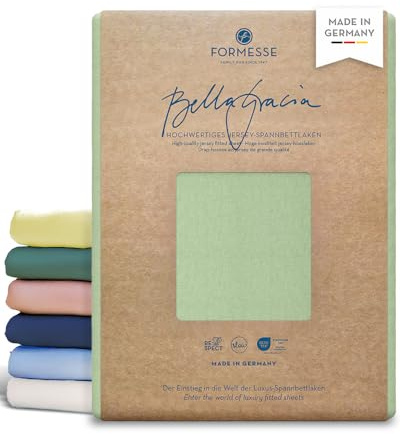 Bella Gracia hochwertiges Jersey-Spannbettlaken: glatt, weich schöne Farben | FORMESSE Farbe Pistazie; 200x220-200x240cm, bis 25cm; 97% Baumwoll-Kompaktgarn, 3% Elastan; pillingarm, faltenfrei, 60°C