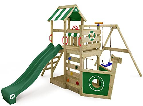 WICKEY Spielturm Klettergerüst SeaFlyer mit Schaukel & grüner Rutsche, Outdoor Kinder Kletterturm mit Sandkasten, Leiter & Spiel-Zubehör für den Garten