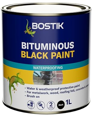Bostik Bituminous Black Paint, Waterproofing Paint for Metalwork and Roofs, Brush On, Colour: Black, 1L Tin