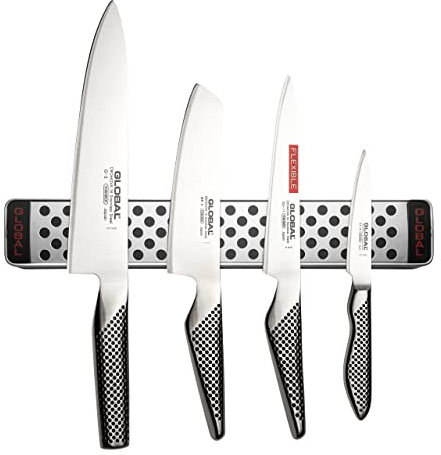Global Knives 5 Piece Knife Set with Magnetic Rack, CROMOVA 18 Stainless Steel, 4 Knives, 1 Storage Rack, G-251138/M30