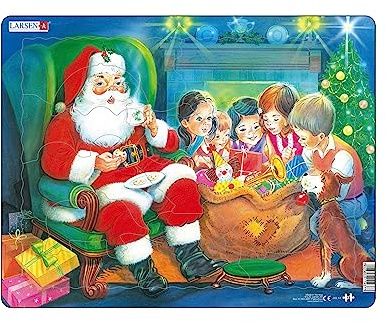 Larsen JUL14 Weihnachtsmann Rahmenpuzzle für Kinder – 15 Teile zum einfachen Greifen – Figurenpuzzle mit besonderen Formen – stabile Pappe im Tablett mit Rand – weihnachtliches Puzzle für kleine Hände