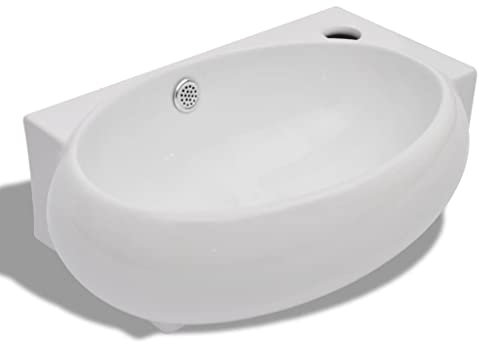 vidaXL Vasque de Salle de Bain Céramique Blanc Trou Trop-plein Toilette Lavabo