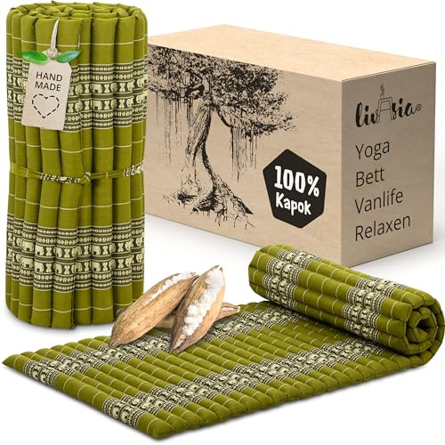 livasia Rollmatte Rollmatratze M schmal Einzelbett - 200x75x4,5cm - Gästebett Gästematratze 1 Person mit Muster, Reisebett Kofferraum outdoor, Thaimatte Kapok Garten handgefertigt (Grün/Elefanten)