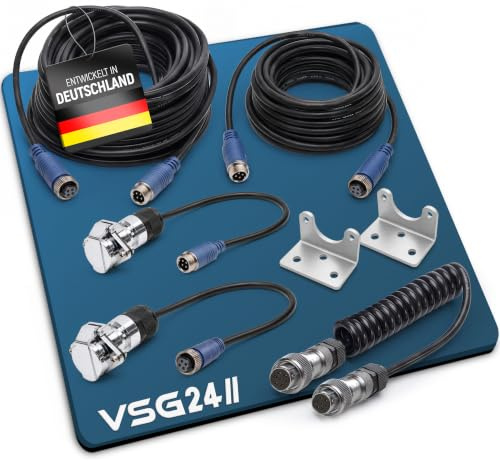 VSG24 ELITE Anhängerset für Rückfahrkameras – 7-Pin Spiralkabel mit 10 m + 20 m Verlängerungskabel – IP67 – 1080P HD – für Wohnwagen, Pferdeanhänger und LKW