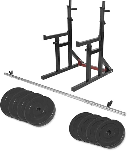 GORILLA SPORTS® Squat Rack mit 30 kg Langhantelset und Dip-Griffen, 300 kg | Mit 170-cm-Langhantel, 8 Hantelscheiben und 2 Schnappverschlüssen; Langhantelablage, Hantelständer, Kniebeugenständer