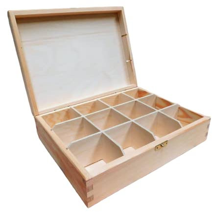 Plain Wooden Tea Bag Box with 12 compartments, Unpainted Case with Clasp, Pine Wooden Box, Unique Gift Trendy Art and Craft Project, Storage Solution with Removable Divider, Tea Bag Holder Case