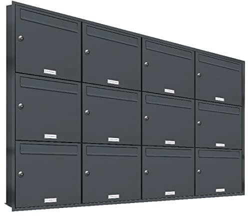 AL Briefkastensysteme, 12er Unterputzbriefkasten Anthrazit Grau RAL 7016, Briefkasten 12 Fach, Briefkastenanlage modern, Edelstahl Postkasten
