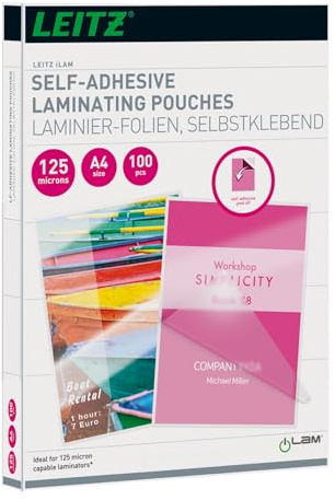 Leitz Selbstklebende Heißlaminierfolien A4 125 mic, für Schilder und Wegweiser, Hochwertige Laminierfolien im 100er Pack, Glänzend, Transparent, 16925