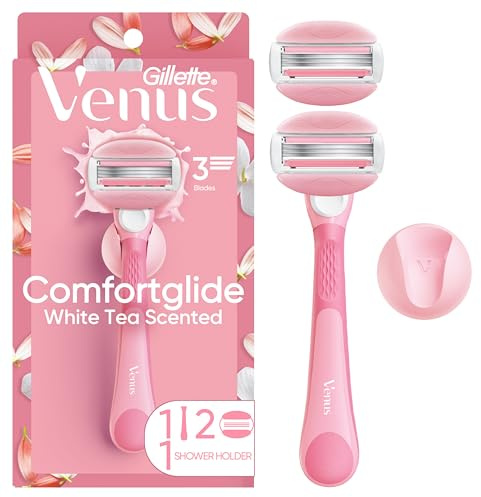 Gillette Venus ComfortGlide Razor for Women, White Tea Scented Gel Bars, Includes 1 Reusable Razor Handle + 2 3-Bladed Razor Refills, Women's Razor with Built-in Shave Gel Bars