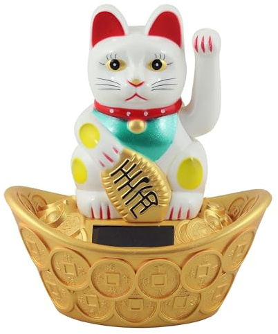 Superfreak Glückskatze - Maneki-Neko - Winkekatze Solar - ovaler Sockel - 14 cm - weiß