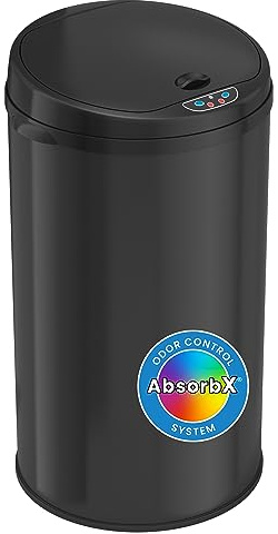 iTouchless Steel Garbage Bin, Perfect for Home, Kitchen, Office 8 Gallon Touchless Sensor Trash Can with AbsorbX Odor Filter System, Round 8 Gal Black