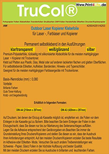 10x DIN A4 weiß glänzende opake Polyester- Folie Klebefolie Druckerfolie, klebend, Wetterfest, Outdoor zum Bedrucken Laserdrucker + Kopierer für Plastik, Glas, Metall + flachen glatten Oberflächen