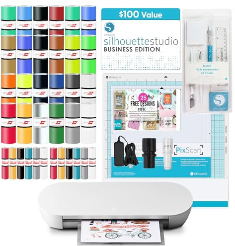 Silhouette America Portrait 4 Vinyl Cutting Machine, Deluxe Bundle - 9” Vinyl Cutter with PixScan, Business Edition Software, 12 Sheets of HTV, 24 Sheets of Oracal, and Tool Kit for Crafters