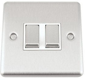 A5 Light Switch Double 2 Gang Satin Brushed Chrome Classic - White Insert - Metal Rocker Switches - 10A 1 Gang 2 Way