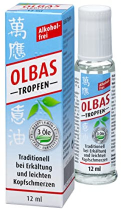 Olbas Tropfen - 1x 12 ml - zur Einnahme und Inhalation bei Erkältungskrankheit - bei Husten, Schnupfen und Heiserkeit - mit Pfefferminzöl, Cajeputöl, Eukalyptusöl - alkoholfrei