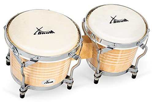 XDrum Bongos Pro Natur - 2 Trommeln mit 6,5 (17 cm) und 7,5 (20 cm) Durchmesser - Bongotrommeln mit stimmbaren Naturfellen und Stimmschlüssel - Holztrommeln Naturfarben