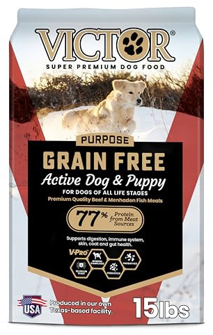 VICTOR Super Premium Dog Food – High Protein Grain Free Active Dog & Puppy Kibble – Dry Food with 33% Protein, Gluten-Free - Premium Beef, Pork, Fish Meals for High Energy Dogs, 15lbs