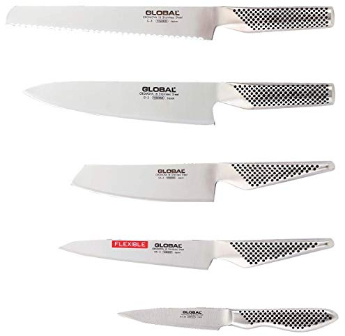 GLOBAL G-2951138R Messerset 5-teilig – japanisches Profi-Messerset aus Cromova 18 Edelstahl bestehend aus G-2, G-9R, GS-5, GS-11, GS-38