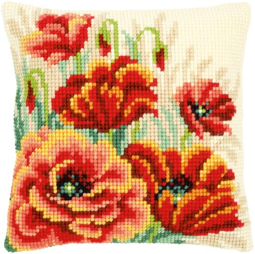 VERVACO Kreuzstich Stickpackungen Kissen Stickerei Set Anfänger Vorgedruckt Mohnblüten II DIY Set Kreativ Set Für Erwachsene Dekoratives Kissen ca. 40 x 40 cm Bastelset Handwerker Haus Dekoration