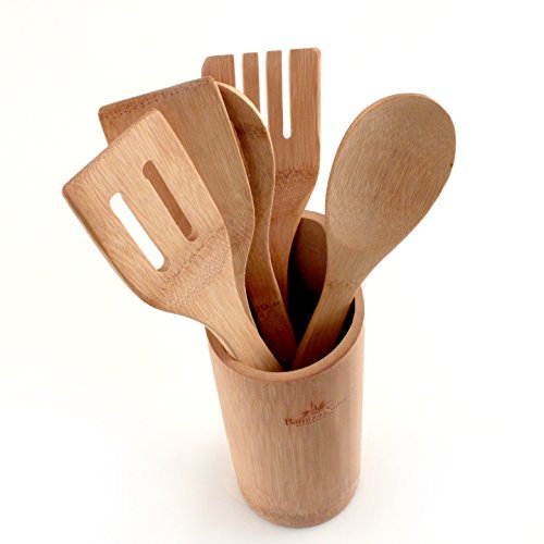 Set 5 utensilios de cocina y bote organizador de madera de bambú