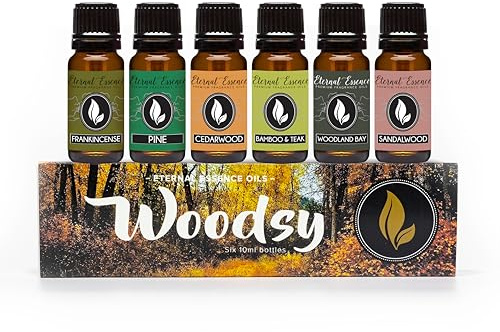 Eternal Essence Oils Woodsy Premium Fragrance Oils Set - Including Pine, Cedar Wood, Sandalwood, Bamboo & Teak, Woodland Bay and Frankincense - Rustic and Woody Scented Oils (6 Pack)