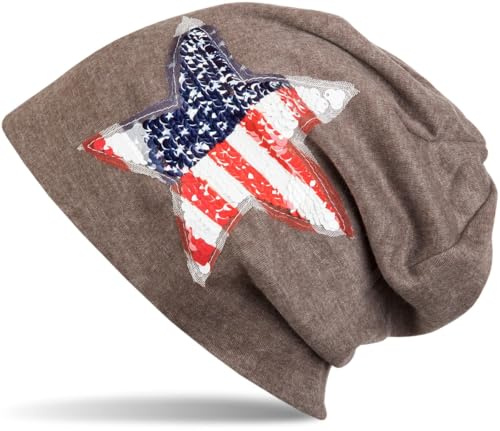 styleBREAKER Unisex Beanie USA Pailletten Stern Kopfumfang bis 60cm | Slouch Longbeanie. elastisches Material. Bundweite 26cm. Höhe 26cm. Einheitsgröße. weiche Haptik.