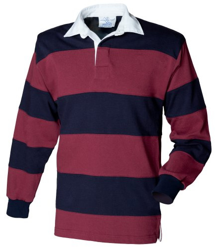 Front Row Sewn Stripe Long Sleeve Sports Rugby Polo Shirt (XL) (Burgundy/Navy)