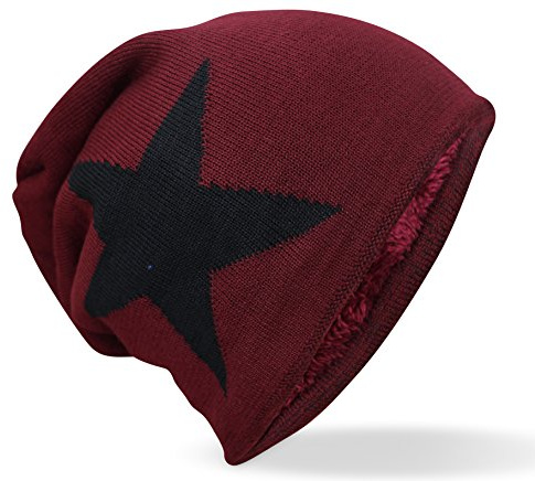 PiriModa Feinstrick Mütze Unisex weiches Fleece Innenfutter Beanie mit Flecht Muster (Bordeaux/Schwarz Stern)