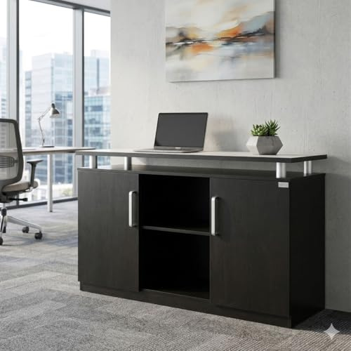 Jet-Line Büroschrank Orly Sideboard Aktenschrank aus Holz in Schwarz 1400 x 430 x 850 mm mit Zwei Türen und Einlegeböden für Büro
