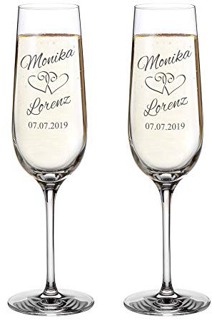 AMAVEL Set 2 Calici con Incisione Personalizzata con Nomi e Data, Motivo Cuori, Bicchieri in Vetro per Sposi, Flute da Spumante, Idee Regalo Matrimonio o Anniversario per Coppie