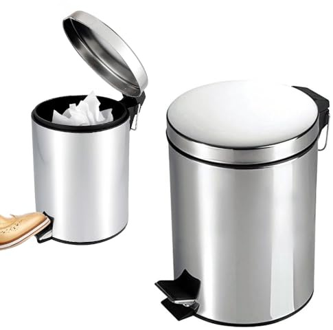 5 Litre Metal Chrome Pedal Bin - Toilet Rubbish Trash Hygienic Paper Dustbin Waste, Garbage | For Home, Bathroom, Bedroom, Office, Kitchen - Strong Stainless Steel | Silent, Stay-Open Lid (5l)