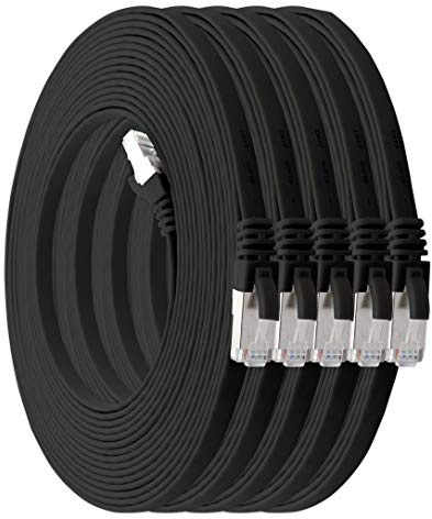 1aTTack.de 3,0 m - schwarz - 5 Stück Cat7 Flachkabel Netzwerkkabel Cat 7 Rohkabel Gigabit Lan (10Gbit/s) Flachbandkabel Verlegekabel Patchkabel Flach Slim Rj 45 Stecker Cat6a